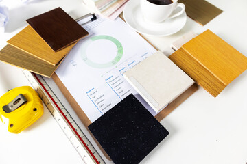 Planning, interior materials,White stone material on paper, laminated planks and real wood is used in the interior.