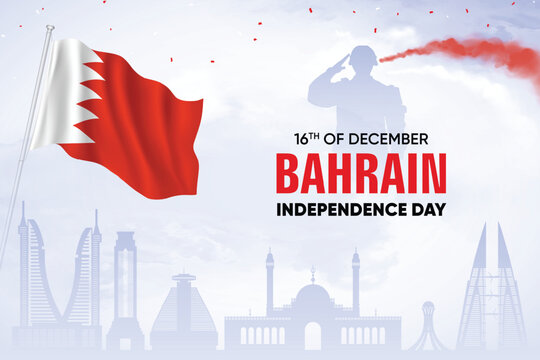 Bahrain Flag Waving With Army Soldier and Air Show On Skyline Background. Independence Day Concept Design Vector Illustration.