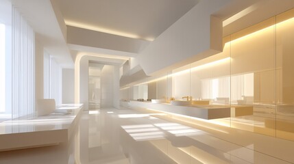 Fototapeta premium rendering of a minimalist bathroom with soft white walls, recessed lighting, and a wall-mounted toilet. Space features subtle shadows and reflective floor surfaces. Clean layout with minimal 