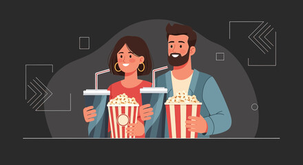 Couple enjoying a movie together with popcorn and drinks in a flat vector style illustration