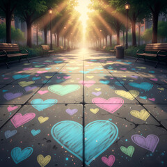 Colorful heart drawings on a peaceful park pathway illuminated by sunlight