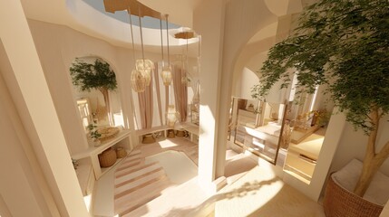 Fototapeta premium view of a minimalist white bathroom with open layout, large mirror, and light beige flooring. Elegant fixtures and plant in corner add softness. Harmonious design with visual balance and symmetry. 