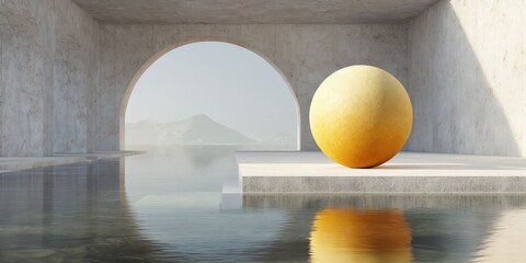 Pastel Orange and Yellow Sphere with Water Reflection on White Platform