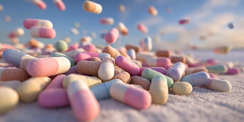 Pastel Pills Floating in a Calm Winter Scene