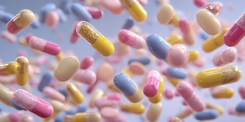 Pastel Pink, Yellow, and Blue Pills and Capsules Floating on Soft White Surface