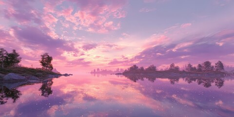 Pastel Pink and Purple Sunset over Calm Lake with Sparkling Reflections