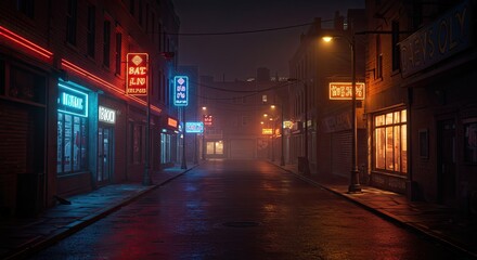 Aesthetic background cinematic lighting a city street in a gentle rain at night. 