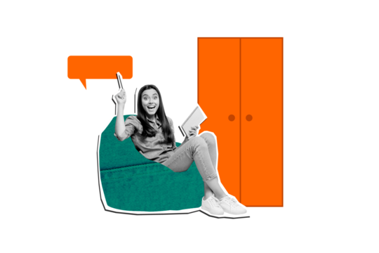 Composite photo collage of happy girl sit beanbag hold notepad pencil idea finding wardrobe indoor speech isolated on painted background