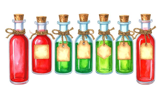 Watercolor illustration of bottles with labels