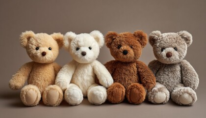 Collection Of Soft Bear Toys In Various Shades Of Brown, White, Beige, And Gray. Teddy Bears: Symbol Of Childhood Comfort For Children'S Playtime.