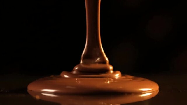 Towering chocolate structure with flowing liquid, symbolizing indulgence, dessert, richness, cascade, fluidity, treat, and dark background