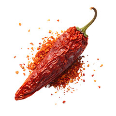 A single dried red chili pepper with stem lying on a pile of chili flakes on a black background
