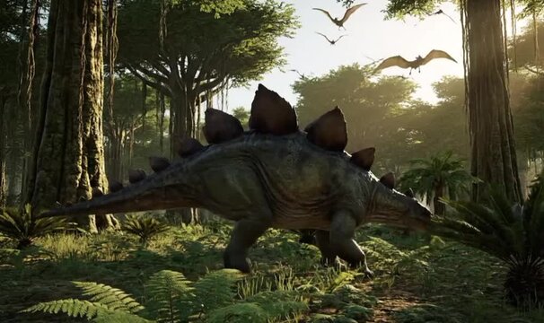 Stegosaurus walking in a prehistoric jungle with flying pterosaurs