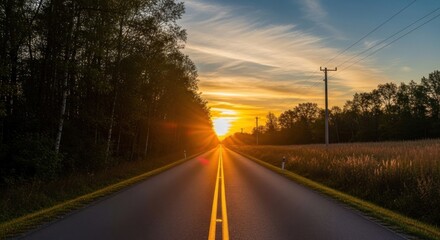 Fototapeta premium Road stretching into the distance with the sun setting on the horizon, framed by trees and fields.
