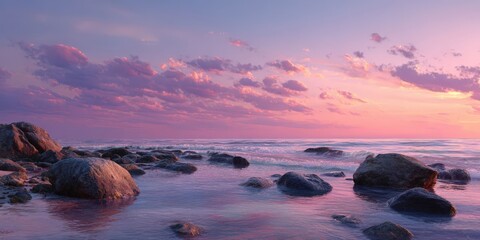 Pink and Orange Sunset Over Calm Ocean with Smooth Rocks