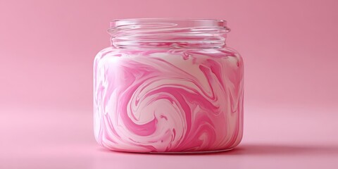 Pink Cream Jar with Whipped Texture and Shimmering Swirl on Pastel Background