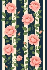 Pink roses climbing on vertical stripes pattern creating a botanical floral seamless wallpaper background