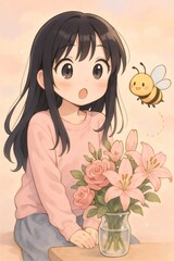 Anime girl surprised by a friendly bee flying near a vase of pink flowers on a table, expressing wonder and cuteness