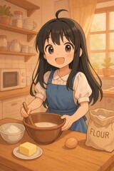 Happy anime girl baking in kitchen, mixing ingredients for domestic cooking, wearing apron