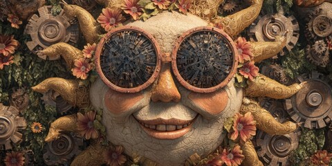 Playful Sun Wearing Sunglasses with Gears and Flowers for a Bright, Fun Design