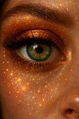Woman's eye with sparkling gold glitter makeup, creating a glamorous fashion and beauty look, festive party style