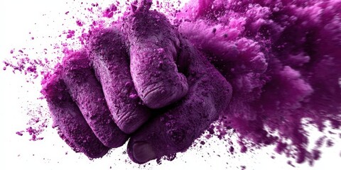 Powerful Purple Fist Crushing Dust on White Background