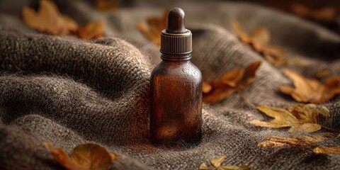Amber Dropper Bottle on Soft Brown Wool Surface with Dried Leaves