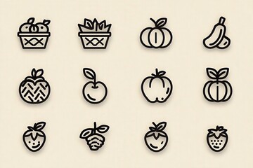 This graphic features a grid of twelve minimalist fruit and vegetable icons.