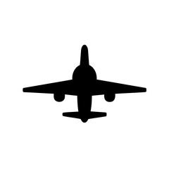 Simple black airplane icon with engine pods and clear white background