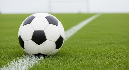 Soccer ball resting on a white line on a green grass field, ready for a game.