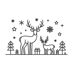 Christmas scene flat line art cartoon deer trees snowflakes gift box winter holiday celebration isolated on white background silhouette vector