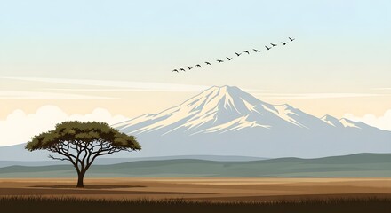 Serene African landscape with acacia tree, mountain, and birds flying above
