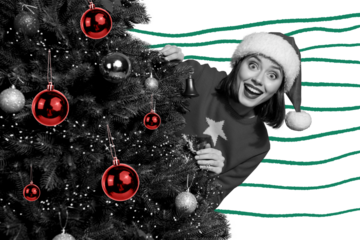 Composite photo collage of excited girl peek new year tree toy decoration wear santa claus hat xmas holiday isolated on painted background