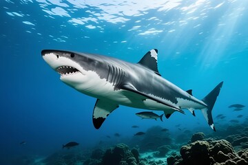 Naklejka premium Great white shark swimming in ocean. Wildlife photography, marine conservation, ocean documentaries, and educational materials about sea life and underwater ecosystems