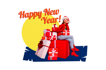 Composite photo collage of excited girl sit present pile new year surprise greeting xmas holiday winter isolated on painted background
