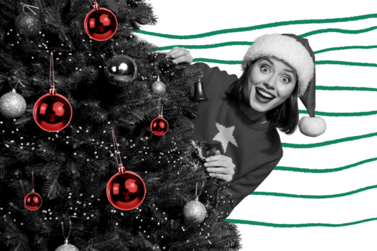 Composite photo collage of excited girl peek new year tree toy decoration wear santa claus hat xmas holiday isolated on painted background - Powered by Adobe