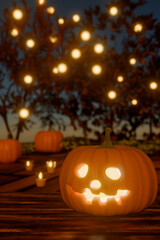 Halloween pumpkin carving with glowing jack o'lanterns outdoors at dusk. 3d rendering
