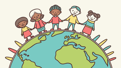 Diverse children holding hands around the globe, symbolizing unity and friendship