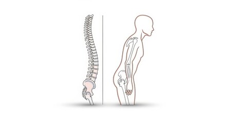 Fototapeta premium Skeletal illustration: Depicting both a healthy spinal column and a human profile with the musculoskeletal system and bone structure.