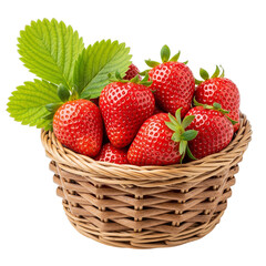 Fresh ripe strawberries in a woven basket with green leaves