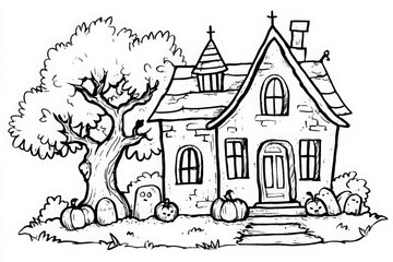 Naklejka premium A quaint haunted house stands amidst a scary scene with pumpkins scattered around. A large tree looms beside the house, adding to its eerie charm as a few ghostly figures peek from the ground.