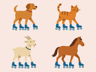A playful illustration shows a dog, cat, goat, and horse wearing roller skates, combining animals with fun sports elements.