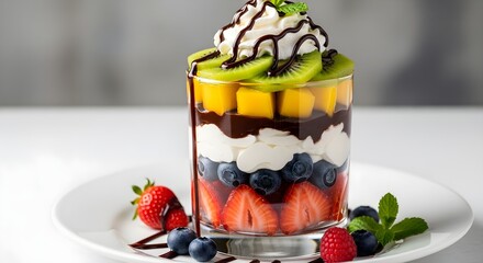 Delicious layered fruit parfait with whipped cream and chocolate drizzle delight