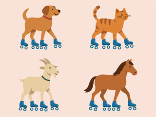 A playful illustration shows a dog, cat, goat, and horse wearing roller skates, combining animals with fun sports elements.