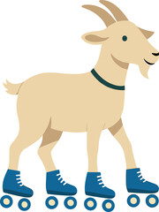 A cheerful goat wearing blue roller skates walks playfully, blending farm animal charm with a fun sports theme.