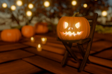 Halloween pumpkin jack o'lantern glowing on a chair with blurred lights and pumpkins background. 3d rendering