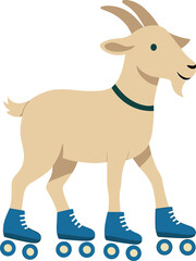 A cheerful goat wearing blue roller skates walks playfully, blending farm animal charm with a fun sports theme.