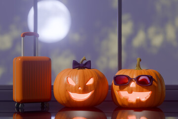 Halloween pumpkins with carved faces and a suitcase under a full moon night. 3d rendering