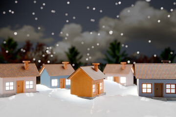 Miniature houses in a snowy village scene during the winter holiday season. 3d rendering