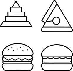 Stacked pyramid shape two hamburgers and pizza slice icon on white steps